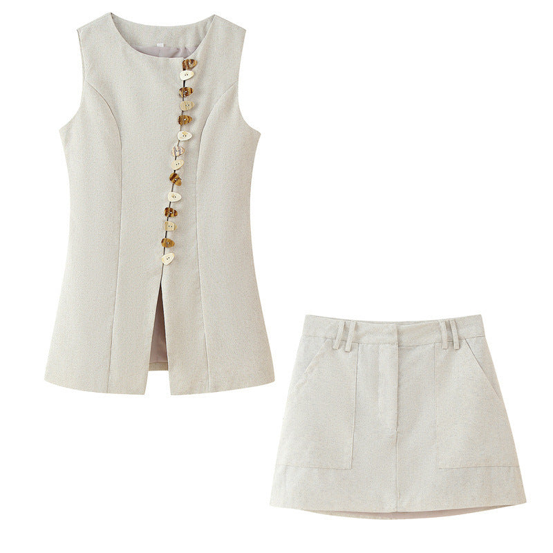 Round Neck Multi-breasted Vest Top Pocket Decoration High Waist Skirt - Norellé
