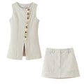 Round Neck Multi-breasted Vest Top Pocket Decoration High Waist Skirt - Norellé
