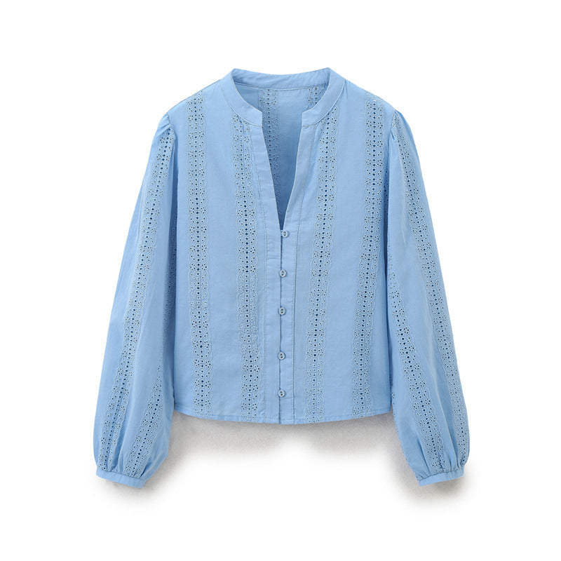 Crew Neck Long Sleeve Single-breasted Blue Embroidered Shirt For Women - Norellé