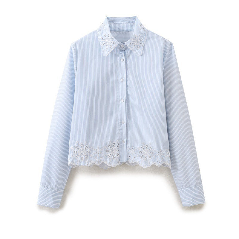 Fashion All-match Hollow Embroidered Stripes Short Shirt - Norellé