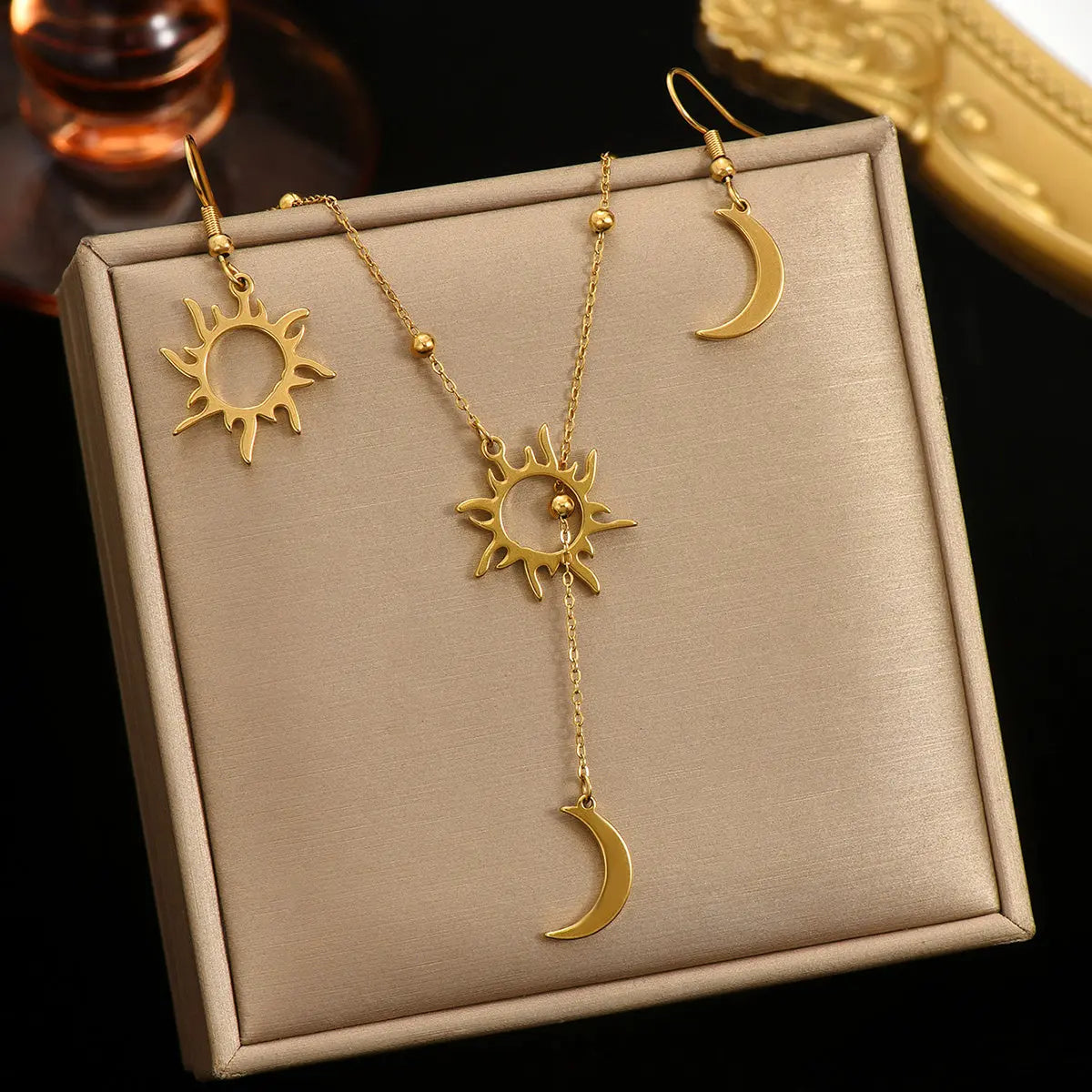 Lxalry 18K Gold Plated Sun  Moon Jewelry Set Mirror Polish Hypoallergenic Necklace  Earrings For Daily Evening Never Fade Luxury Gift With Celestial Symmetry - Norellé
