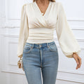 Women's Solid Color Shirt With V-neck Wrapped Waist And Waistline - Norellé