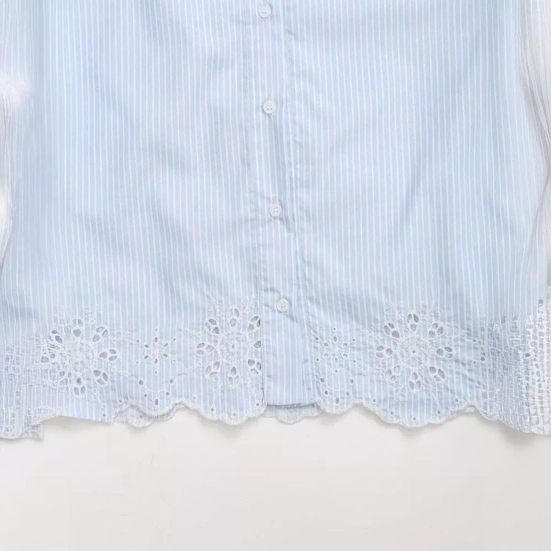 Fashion All-match Hollow Embroidered Stripes Short Shirt - Norellé