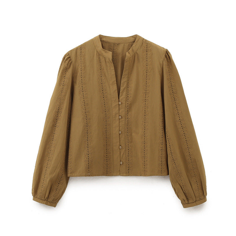 Crew Neck Long Sleeve Single-breasted Blue Embroidered Shirt For Women - Norellé
