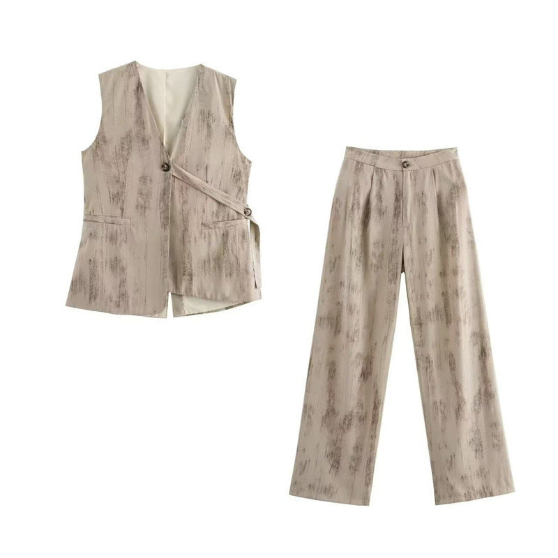 V-neck Buttons Decorative Lace-up Sleeveless Waistcoat Vest Wide-leg Casual Pants Suit - Norellé