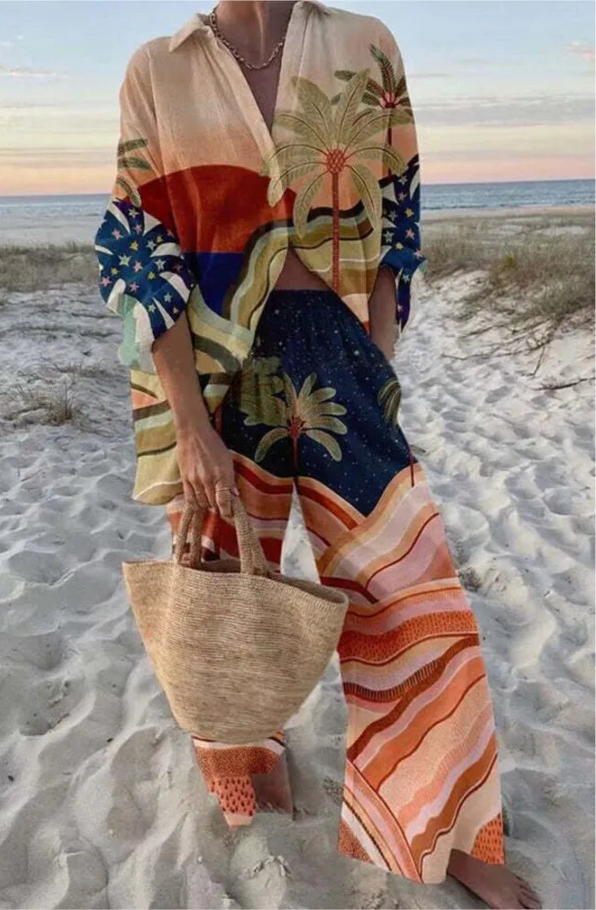 Fashion Holiday Set Lady Casual Print Long Sleeve Shirts Top+High Waist Wide Leg Pants