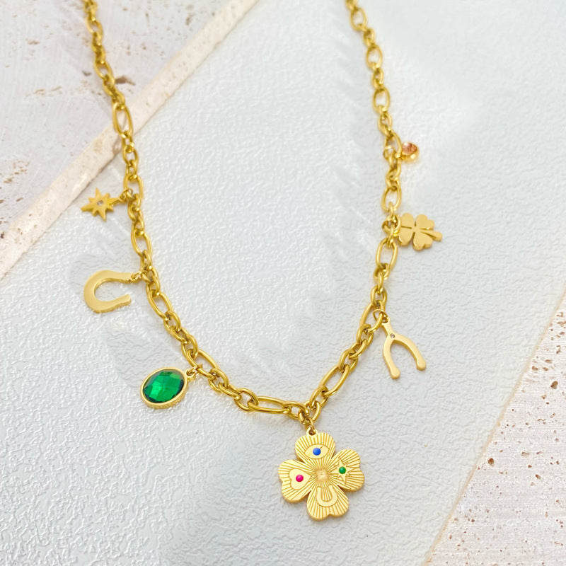 Titanium Steel Necklace Female Ginkgo Leaf Letters Emerald Zircon - Norellé