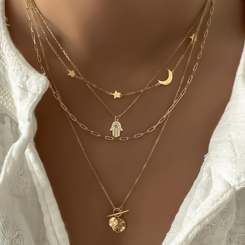 Retro Creative Palm Star Moon Necklace Fashion Personality Female Necklace - Norellé
