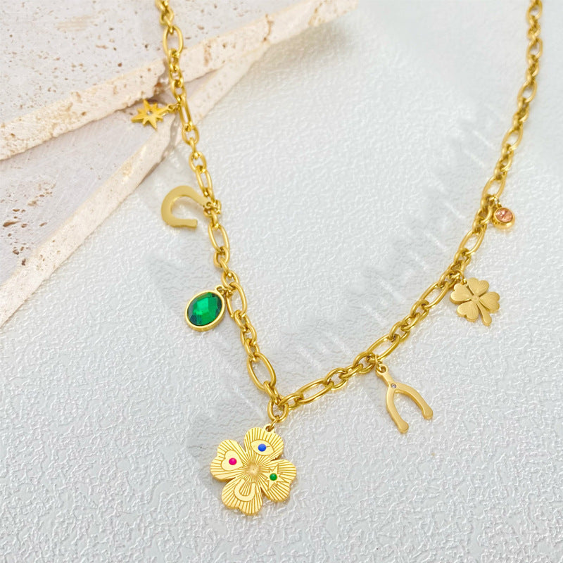 Titanium Steel Necklace Female Ginkgo Leaf Letters Emerald Zircon - Norellé
