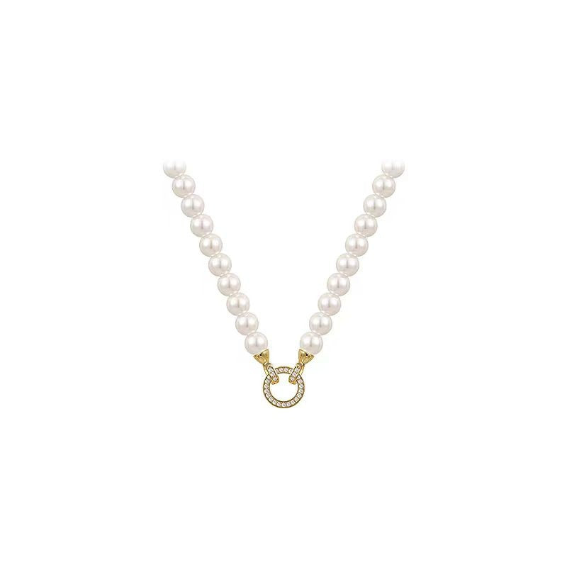 Retro Micro-inlaid Round Buckle Pearl Short Necklace - Norellé