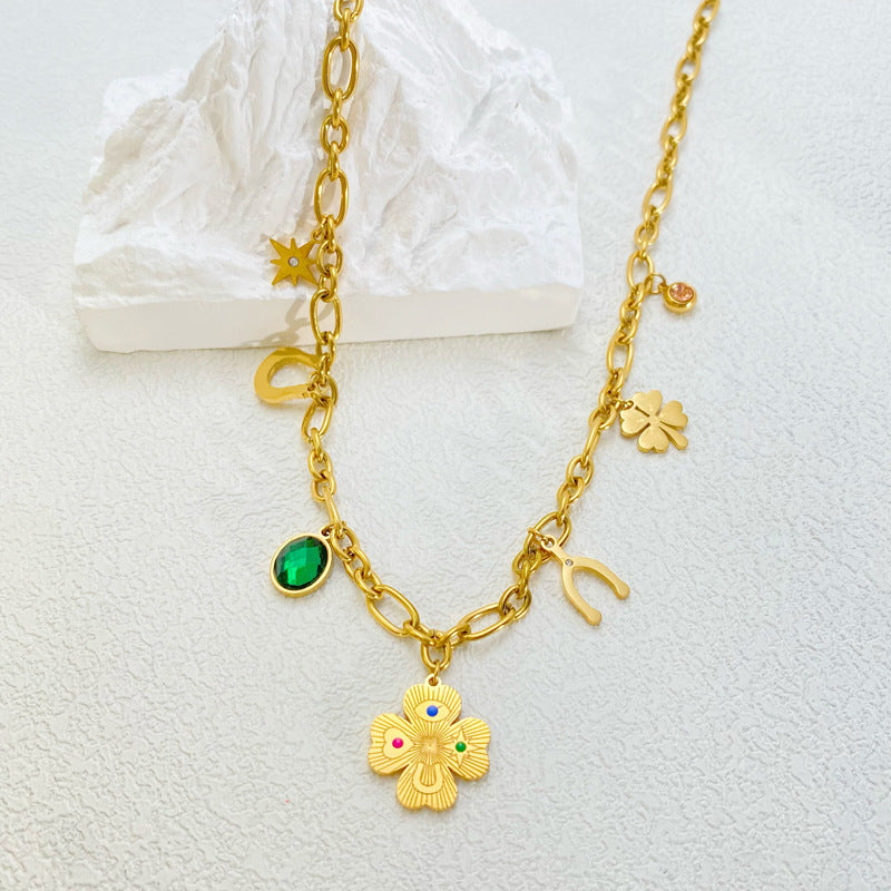Titanium Steel Necklace Female Ginkgo Leaf Letters Emerald Zircon - Norellé