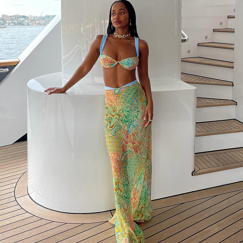 Women's Printing Color Contrast Lace-up Three-piece Set - Norellé