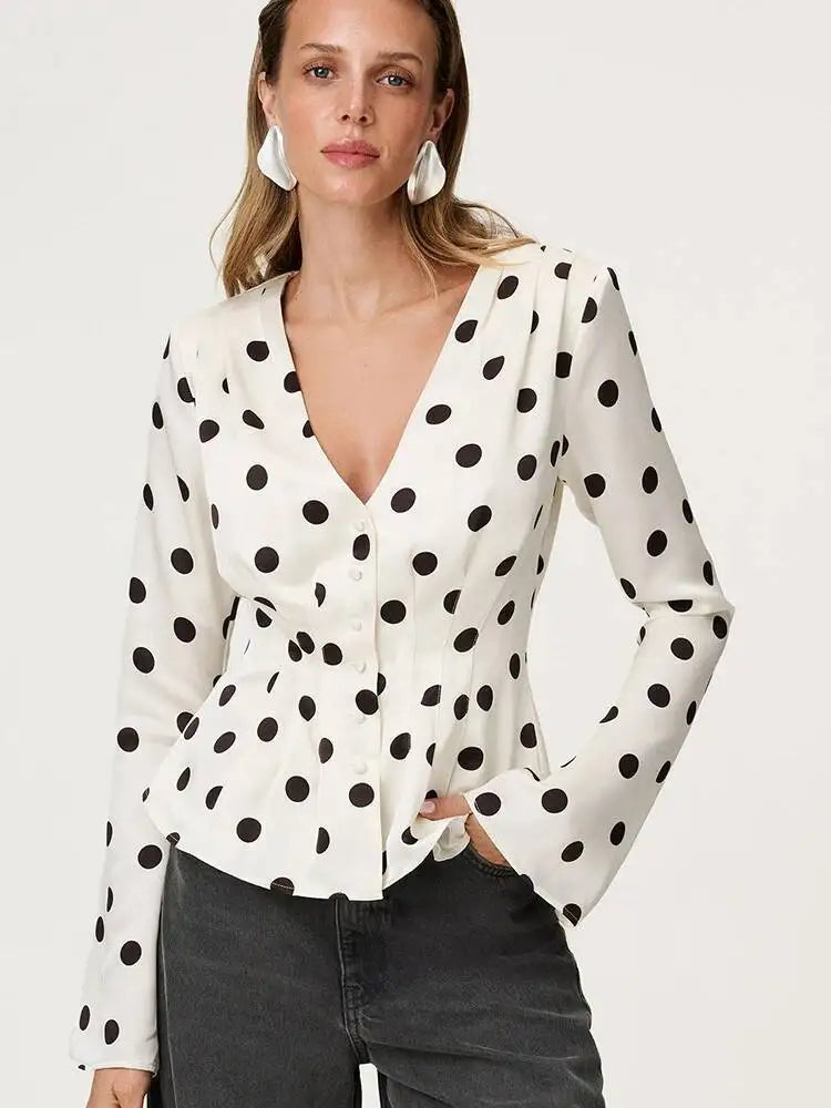 Deep V-neck Printed Polka Dot Women T-shirt