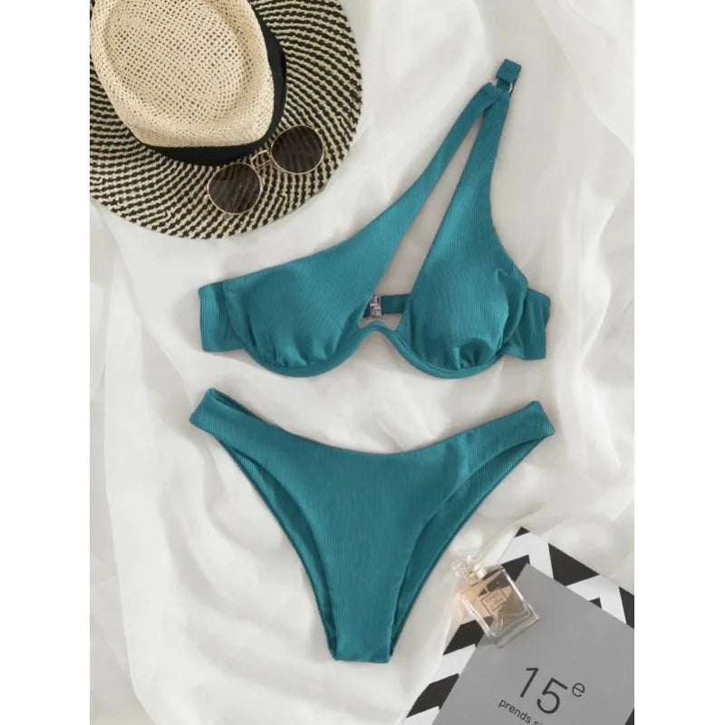 Two Pieces Solid Patchwork Underwire Push Up One Shoulder - Norellé