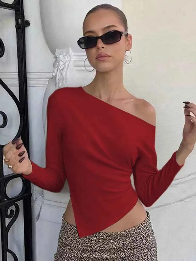 Inclined Shoulder Long Sleeve T-shirt Women