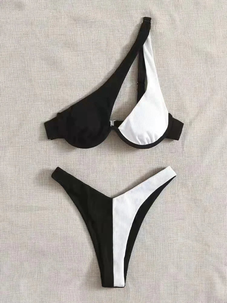 Two Pieces Solid Patchwork Underwire Push Up One Shoulder - Norellé