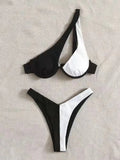 Two Pieces Solid Patchwork Underwire Push Up One Shoulder - Norellé