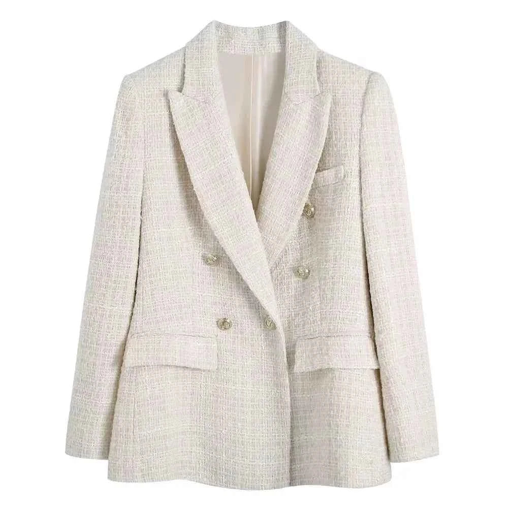 Women Fashion Tweed Double Breasted Blazer
