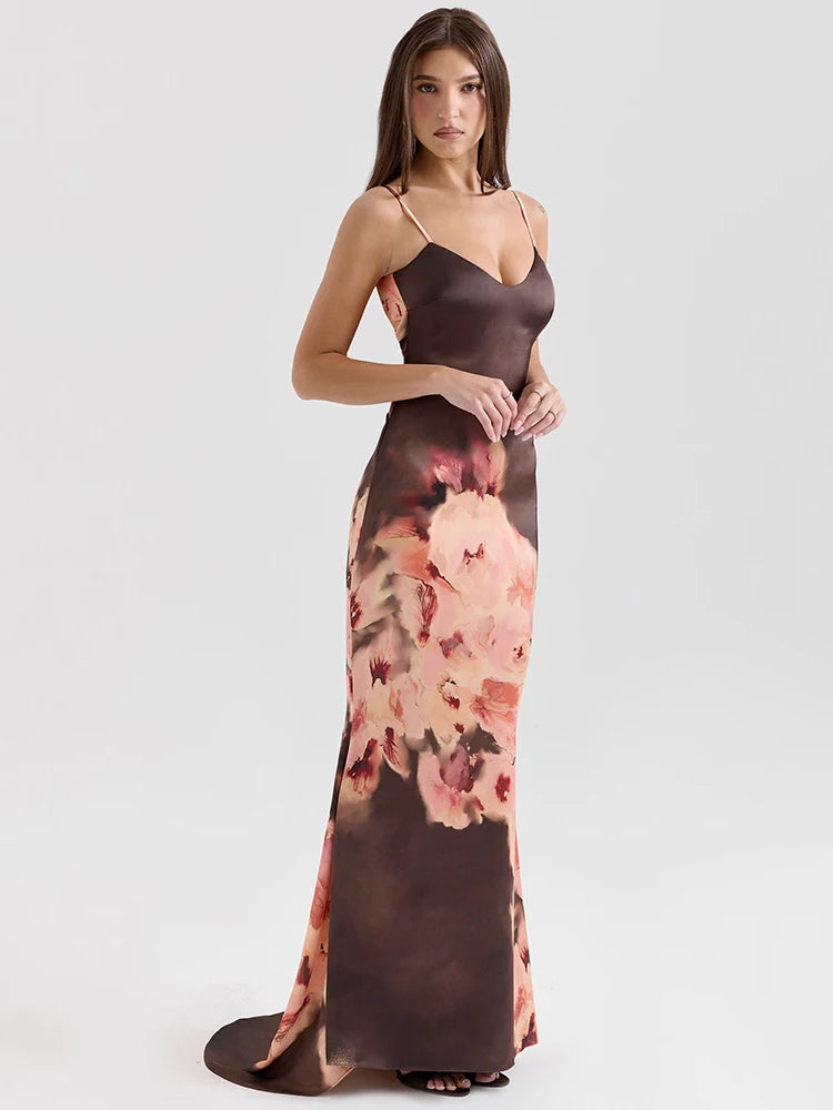 Satin Floral Print Maxi Dress Women