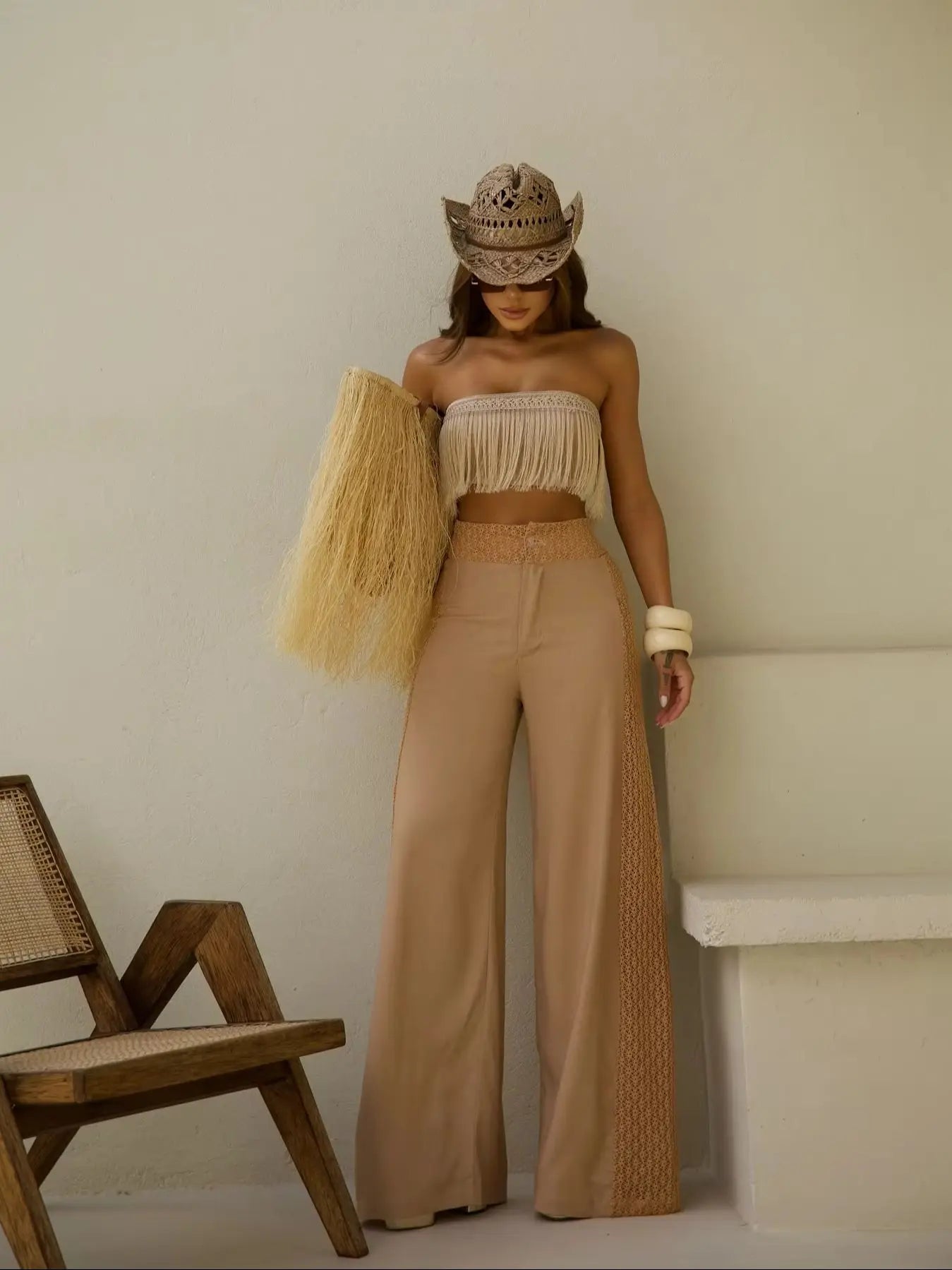 Two Piece Set With Pants Wide-Leg Pants Summer Women White Tube Top with Pants Suit - Norellé