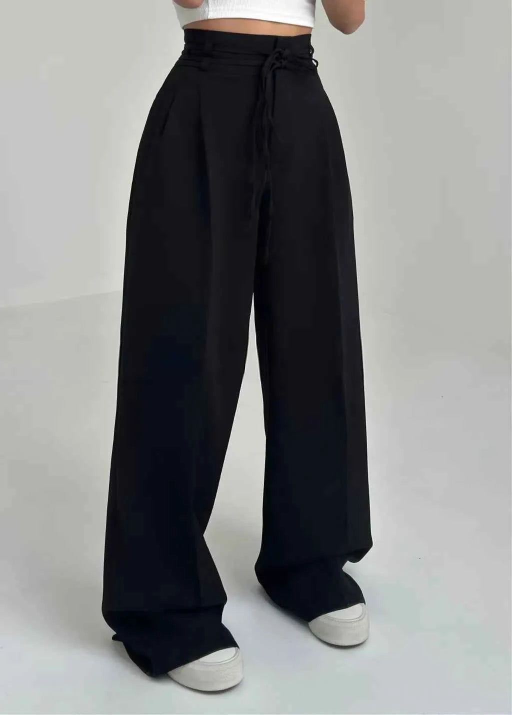 Women's Casual Design High Waisted Lace Up Slim Straight Leg Pants