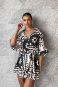 Women's Loose Printed Pullover Half-sleeved Tie High Short Rompers Jumpsuits - Norellé