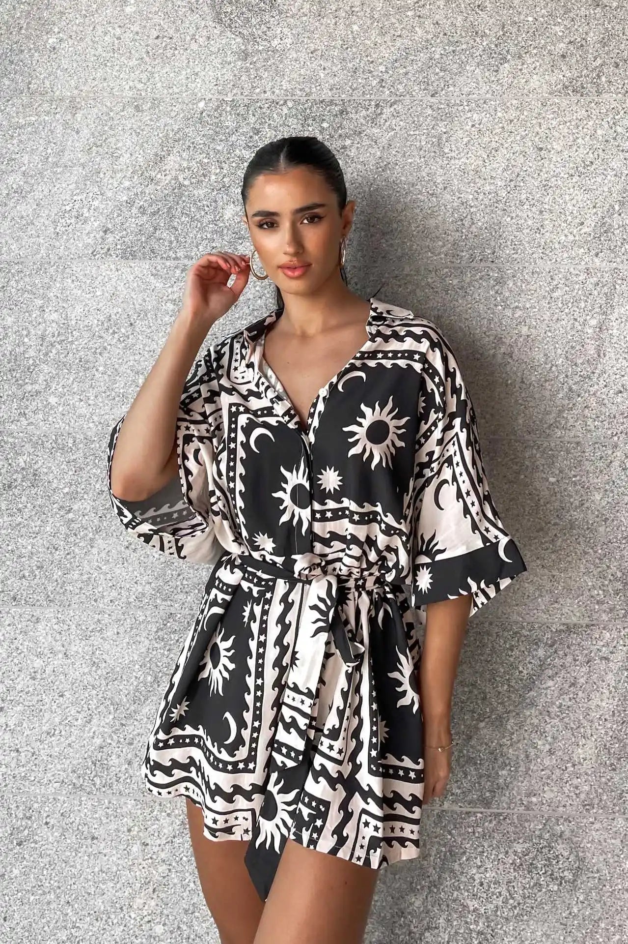 Women's Loose Printed Pullover Half-sleeved Tie High Short Rompers Jumpsuits - Norellé