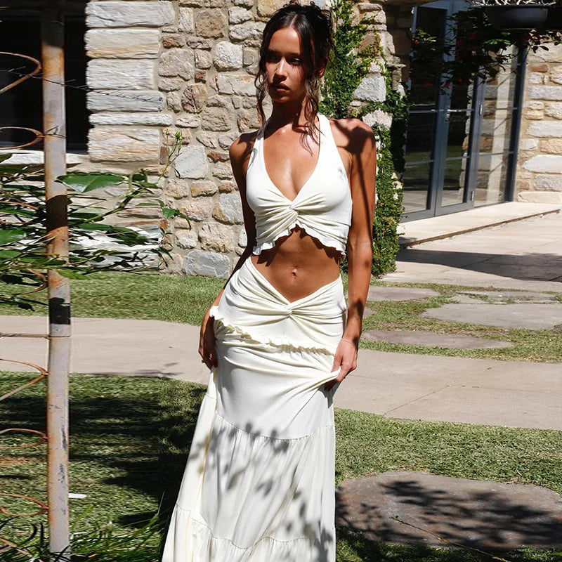 Elegant Two Piece Sets Sleeveless Frill Halter Twist Top Dress Sets