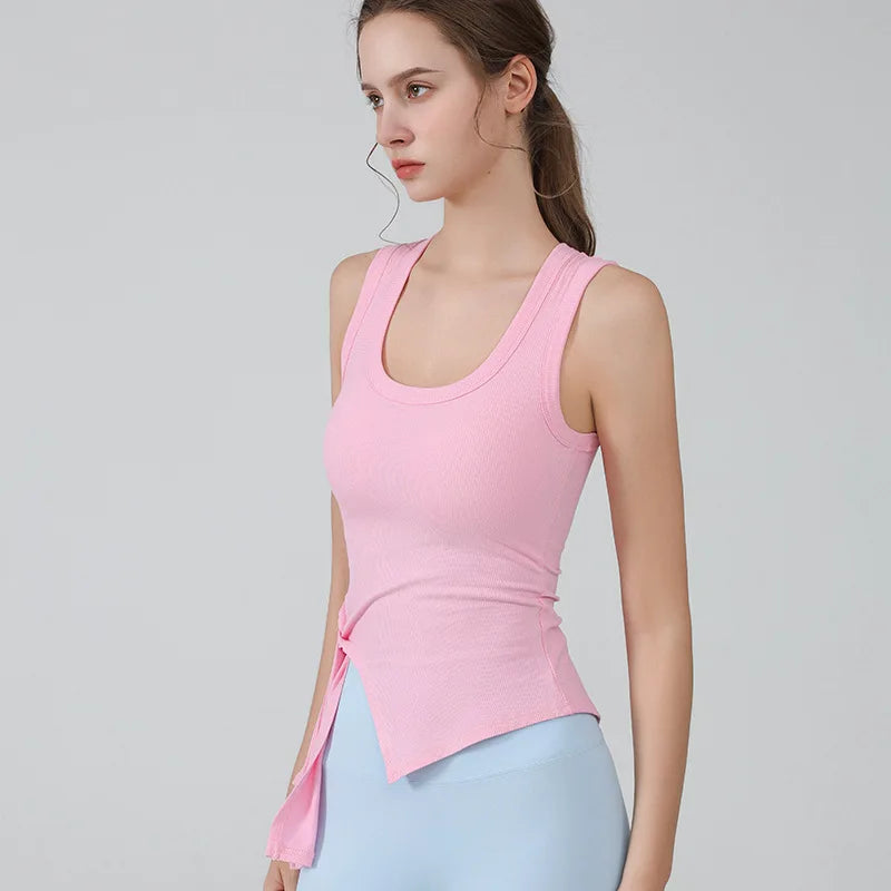 Women Yoga Solid Color Side Slit Bandage Tank Top