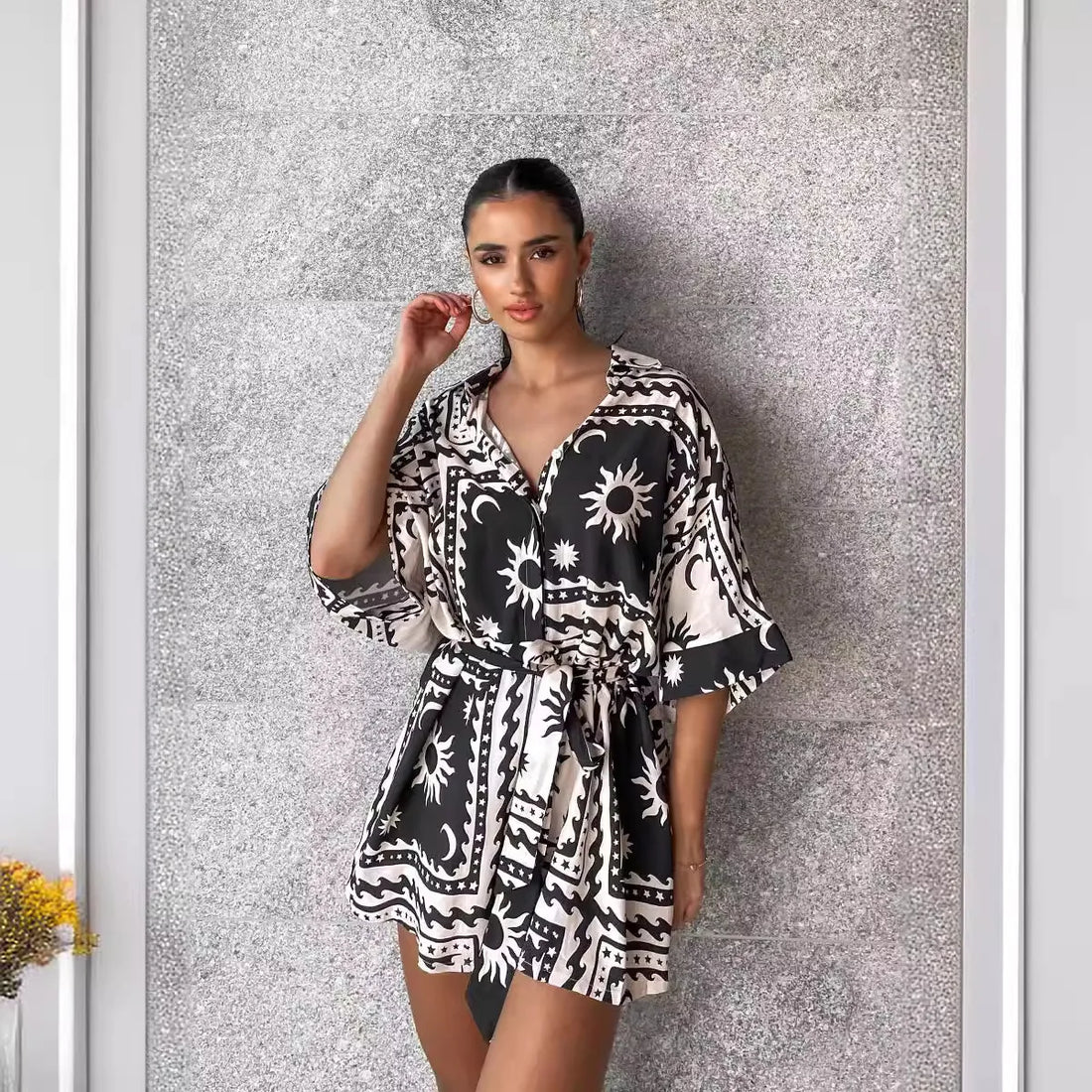 Women's Loose Printed Pullover Half-sleeved Tie High Short Rompers Jumpsuits - Norellé