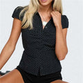 Vintage Grid Dot Print Puff Sleeves Shirts Women