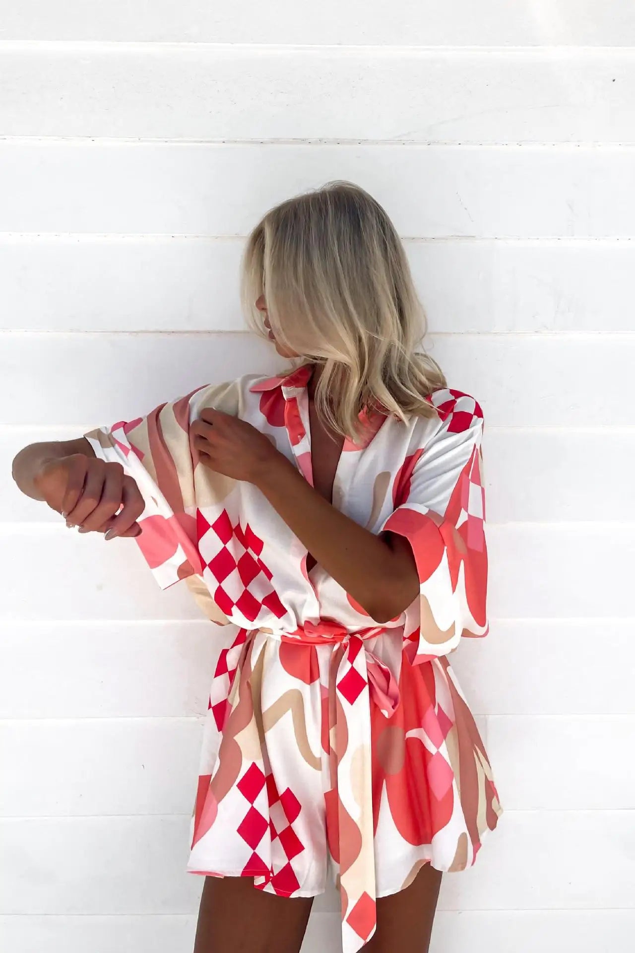 Women's Loose Printed Pullover Half-sleeved Tie High Short Rompers Jumpsuits - Norellé