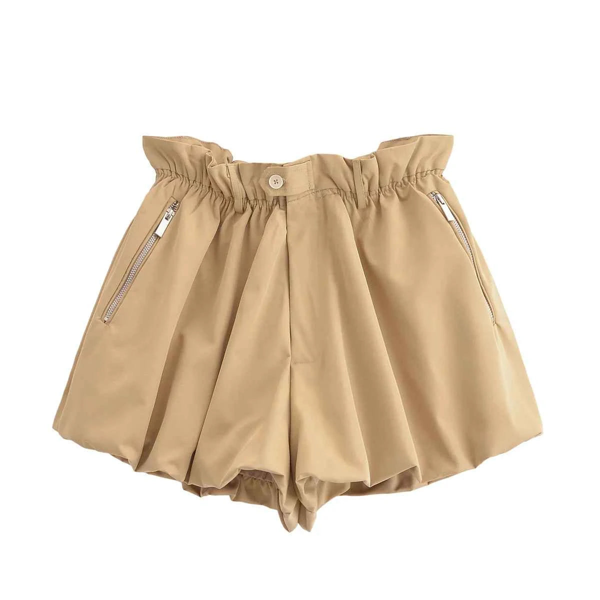 Women Front Button Zipper Balloon Hem Shorts
