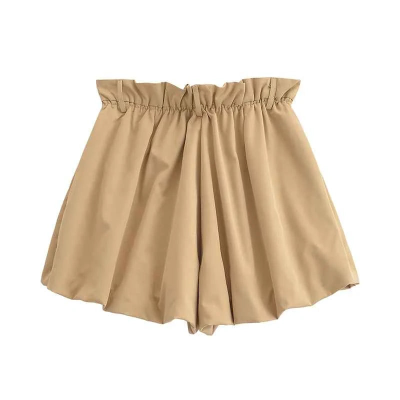 Women Front Button Zipper Balloon Hem Shorts