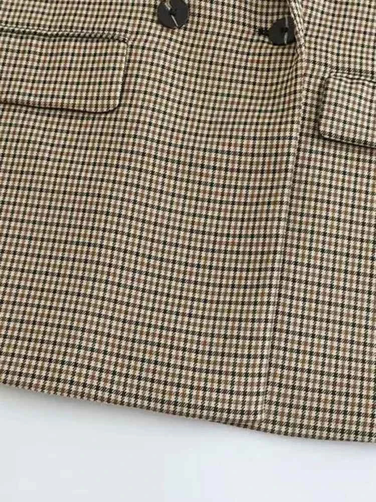 Women Fashion Double Breasted Plaid Blazer