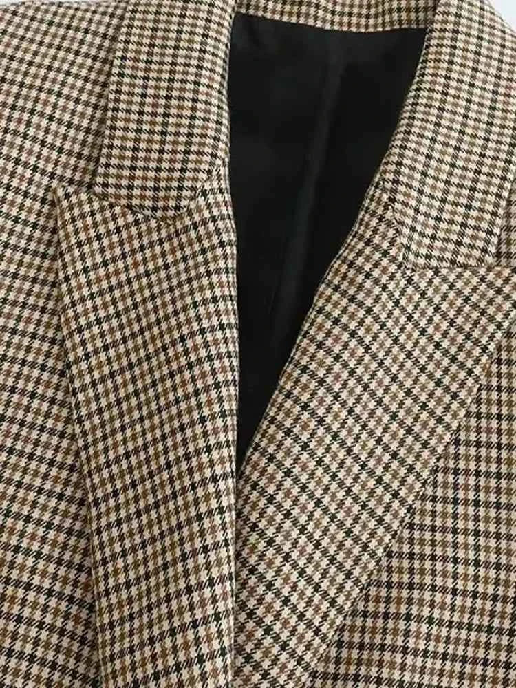 Women Fashion Double Breasted Plaid Blazer