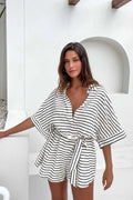 Women's Loose Printed Pullover Half-sleeved Tie High Short Rompers Jumpsuits - Norellé