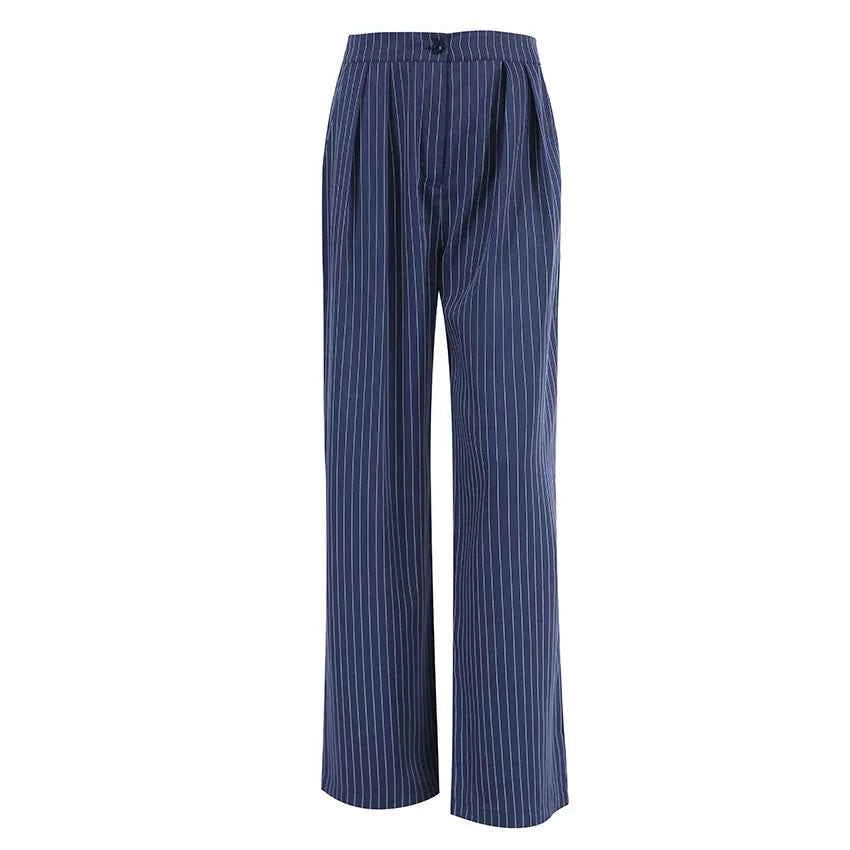 Navy Blue Striped Wide Leg Pants For Women