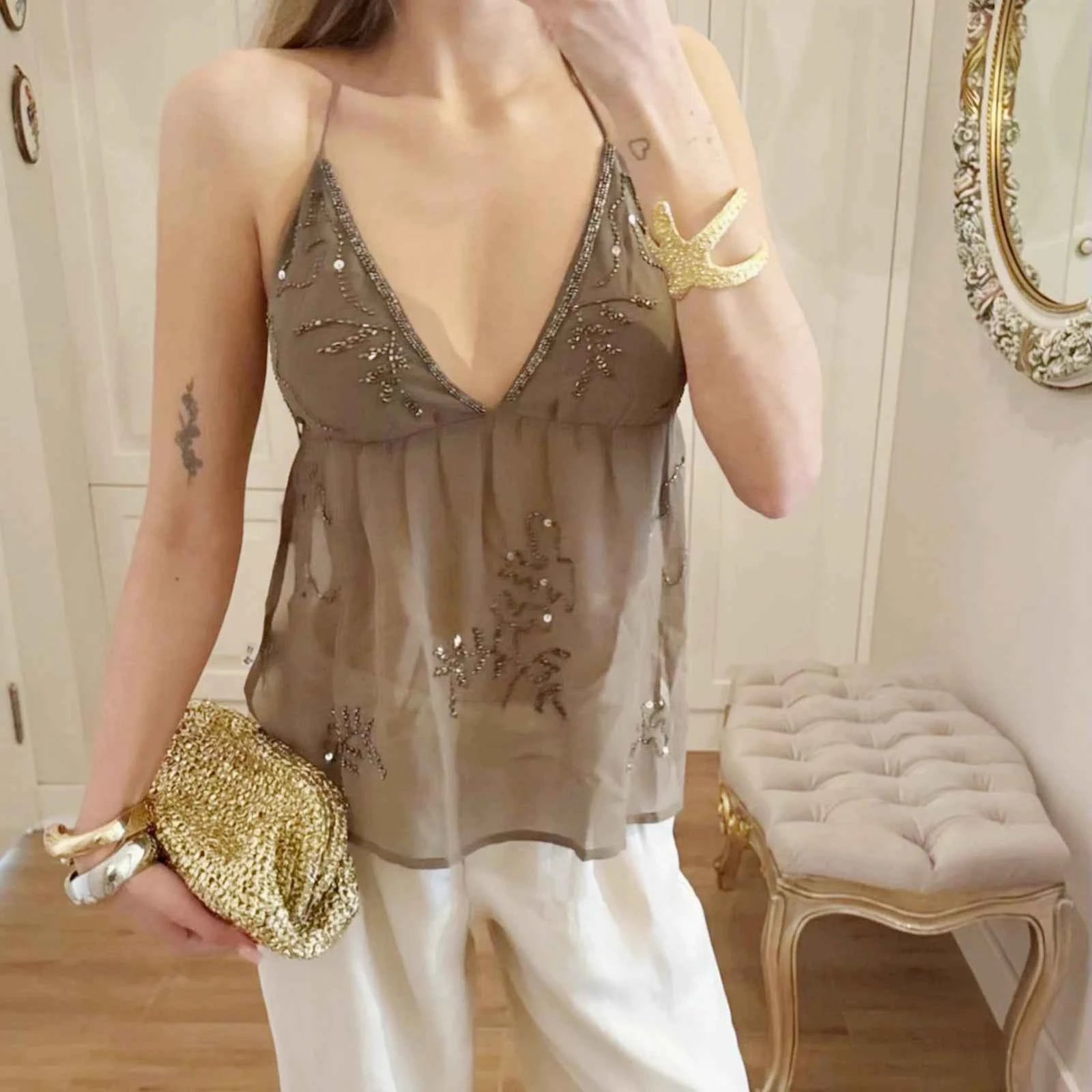 Women Sparkly Sequin Tank Crop Top
