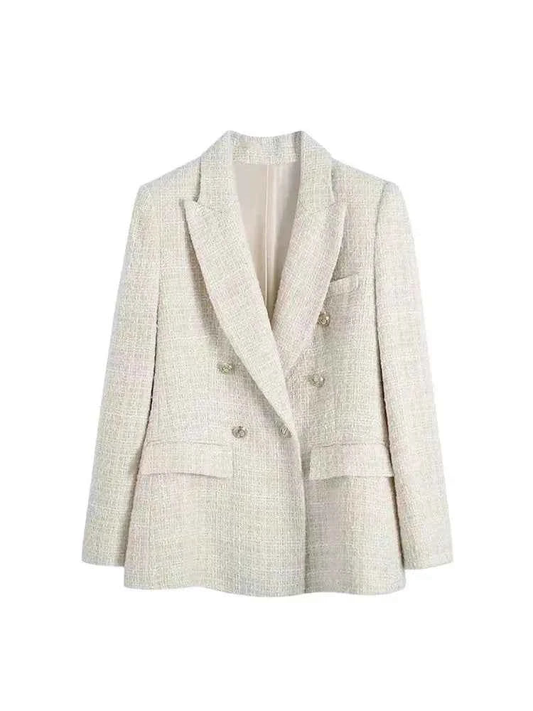 Women Fashion Tweed Double Breasted Blazer