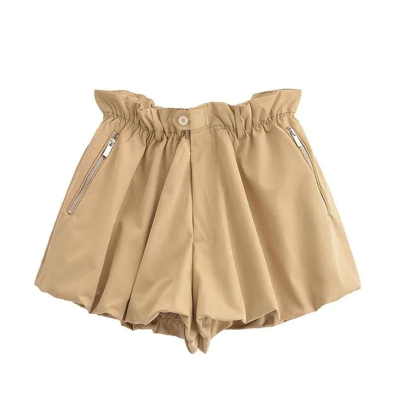 Women Front Button Zipper Balloon Hem Shorts