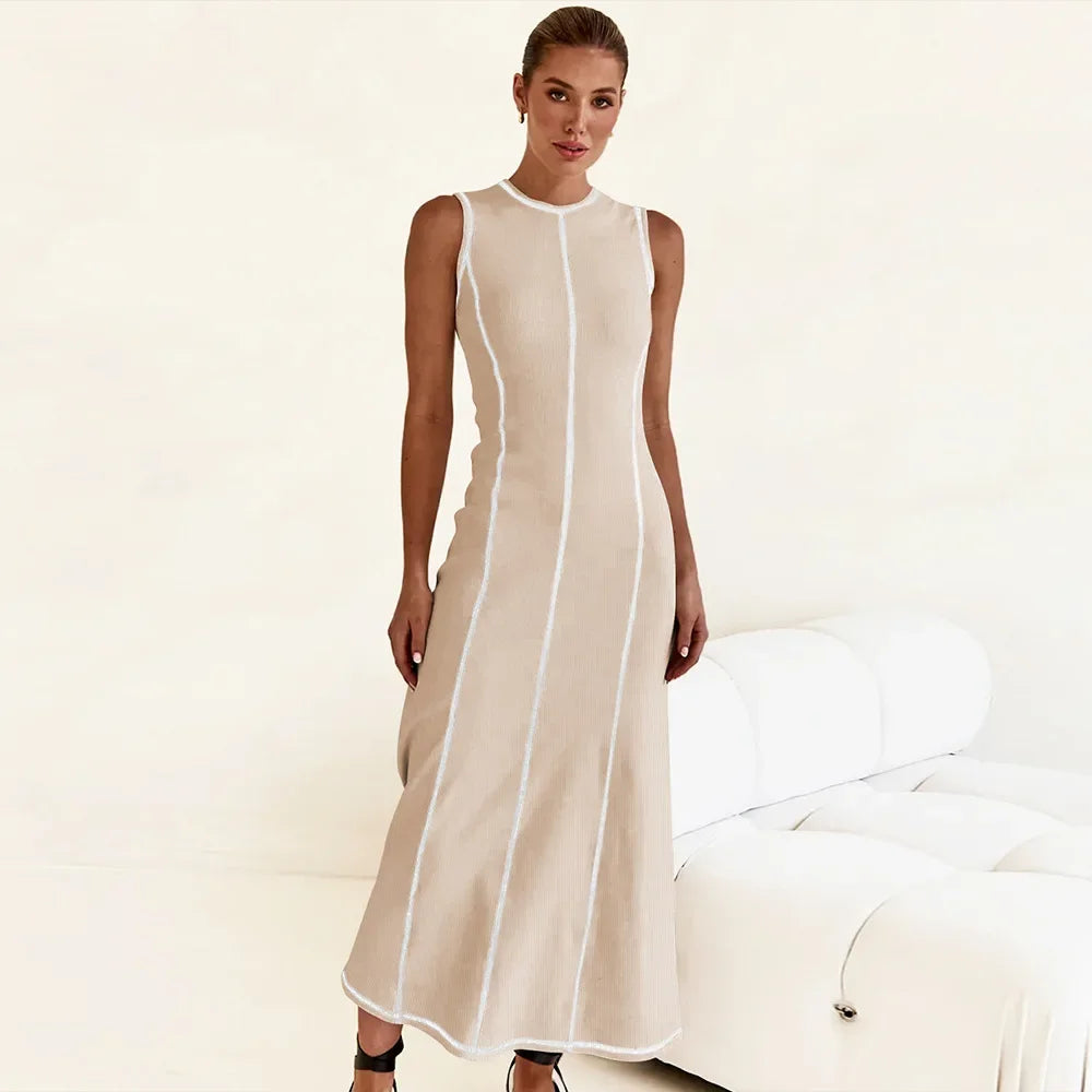 Women Clothing Knitted Long Skirt Simple Round Neck Sleeveless Female Vestidos - Norellé