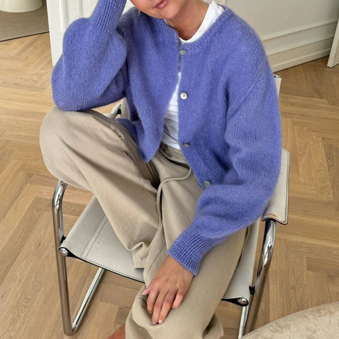 Women's Solid Color Cardigan Fuzzy Long Sleeve Button Down Sweater