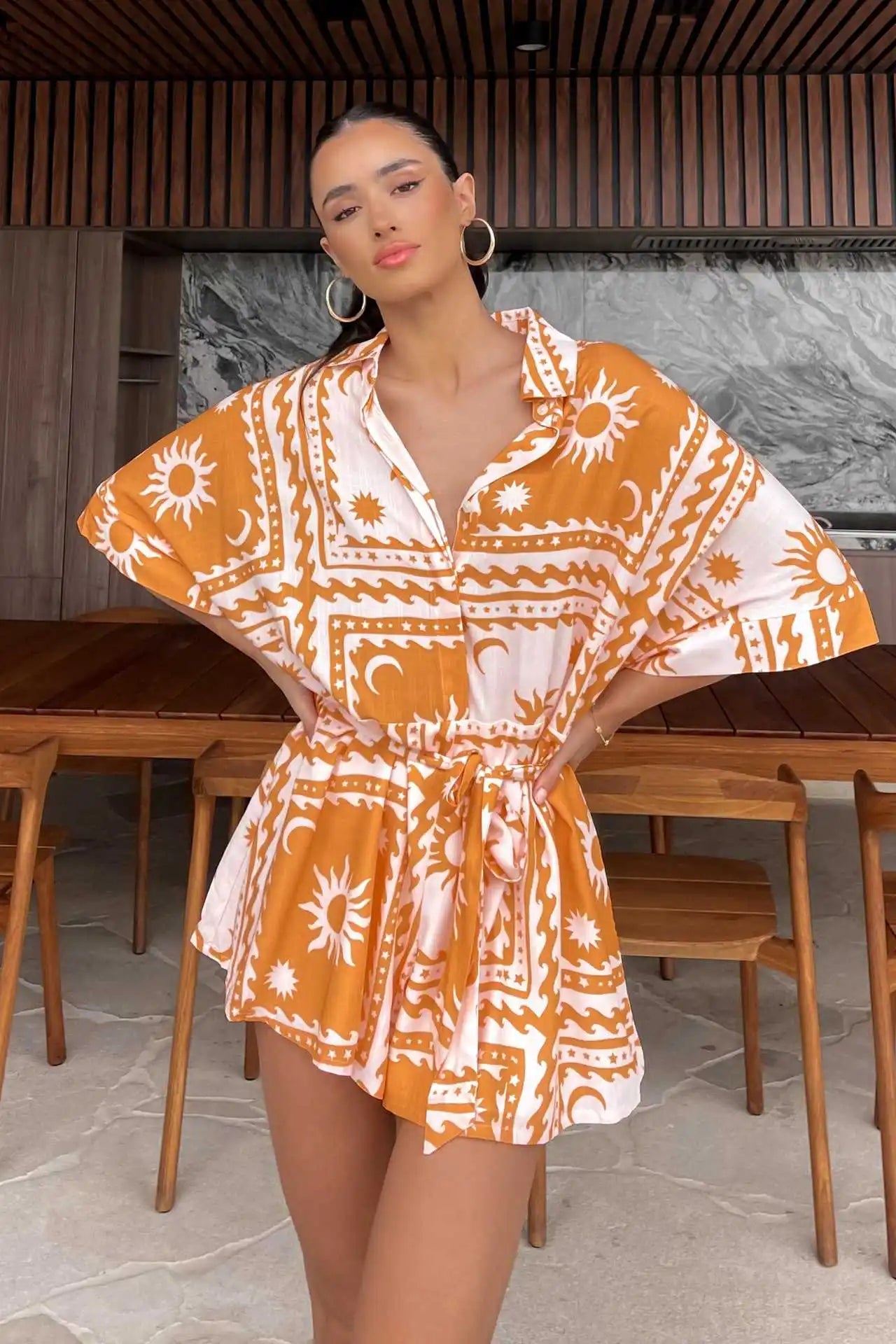 Women's Loose Printed Pullover Half-sleeved Tie High Short Rompers Jumpsuits - Norellé