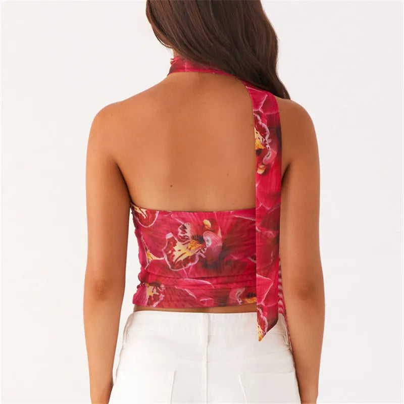 Women Tube Top Mesh Ruched Strapless Crop Top