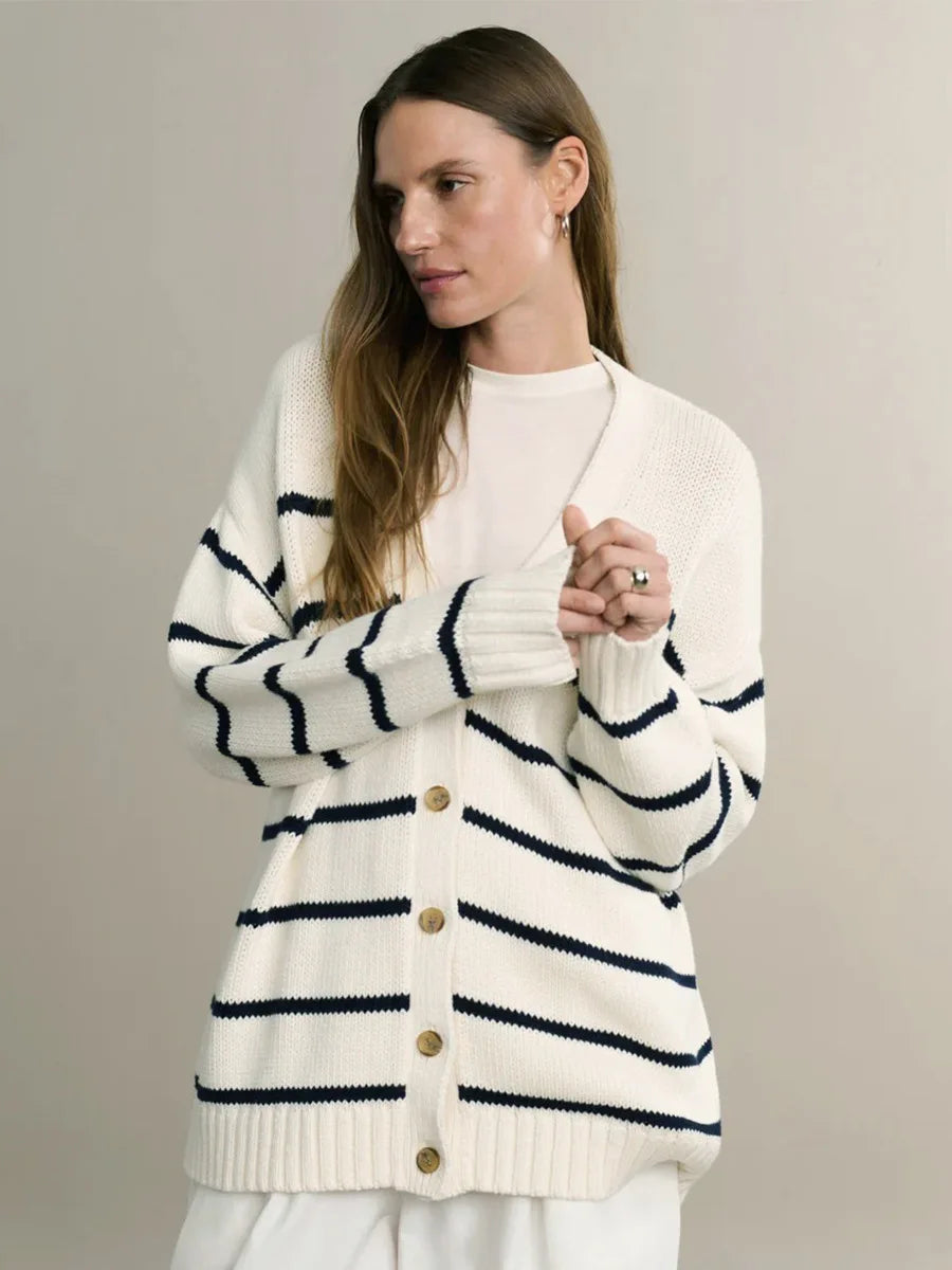 Women's Striped Knit Cardigan V Neck Cotton Loose Fit