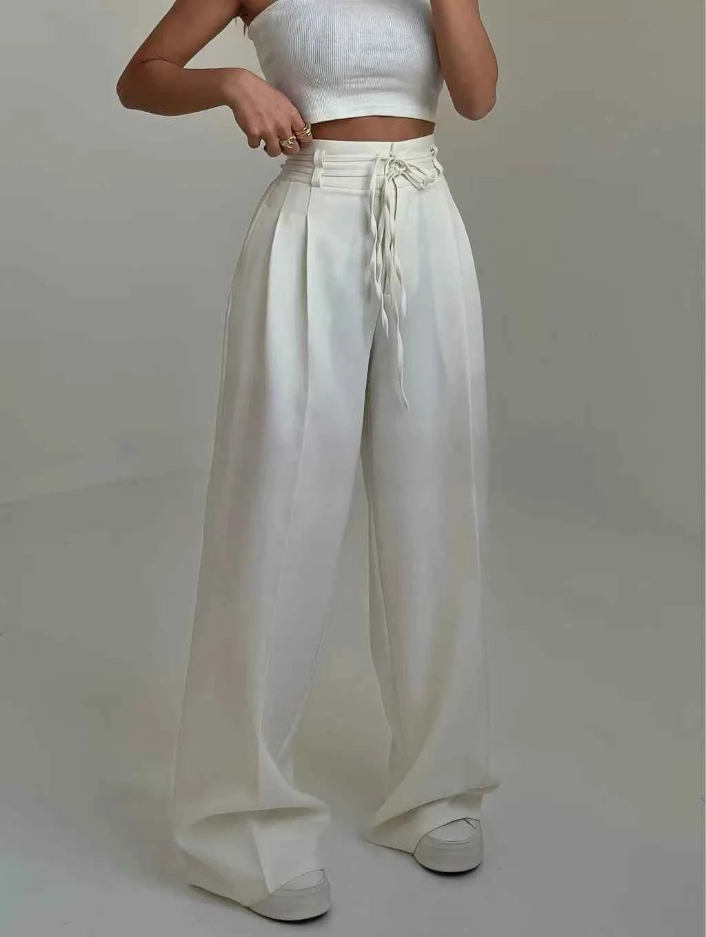 Women's Casual Design High Waisted Lace Up Slim Straight Leg Pants