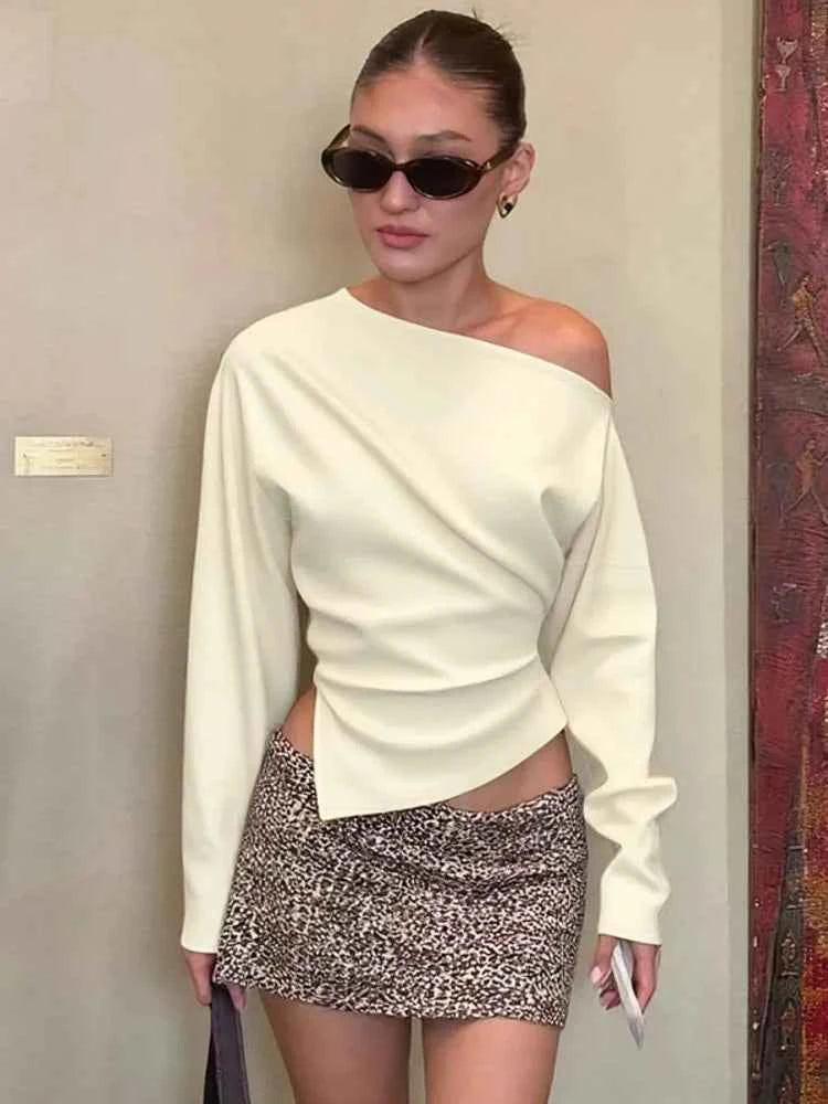 Inclined Shoulder Long Sleeve T-shirt Women