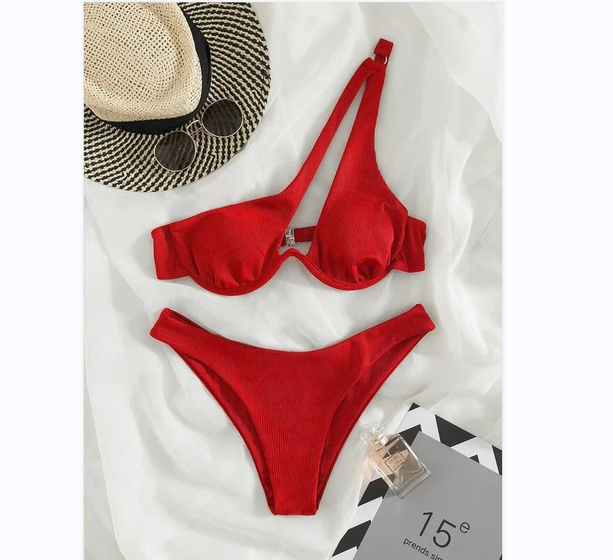 Two Pieces Solid Patchwork Underwire Push Up One Shoulder - Norellé