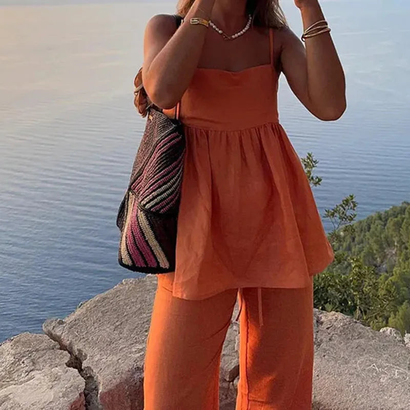 Linen Cotton Orange Women's Set 2 Pcs Pants Set
